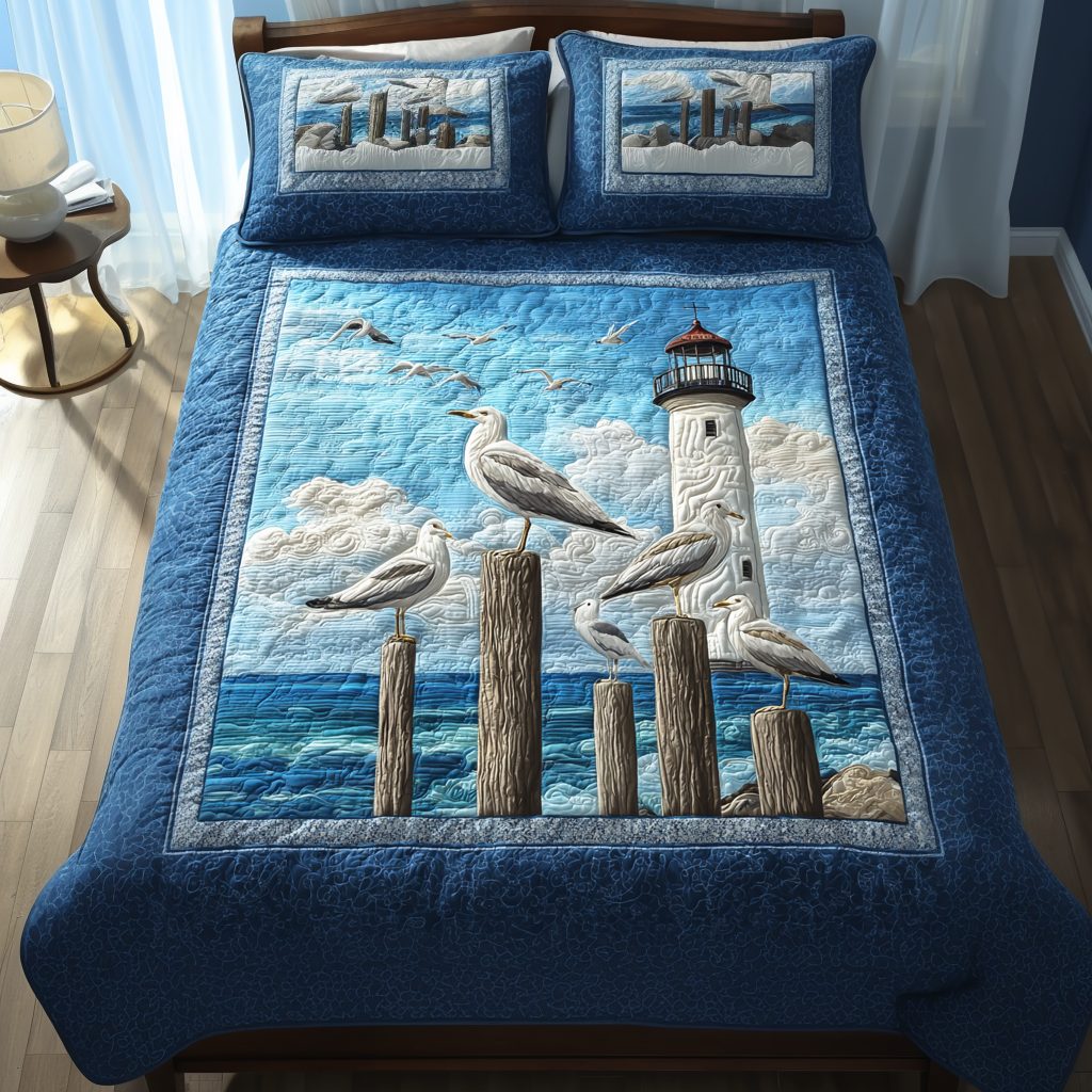 Brave Seagull quilted 3-piece bedding set on a made bed in a light coastal bedroom