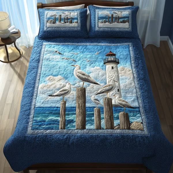 Brave Seagull quilted 3-piece bedding set on a made bed in a light coastal bedroom