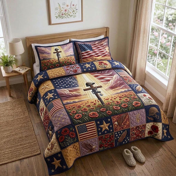 Brave Souls quilted 3-piece bedding set on a made bed with two matching pillow shams