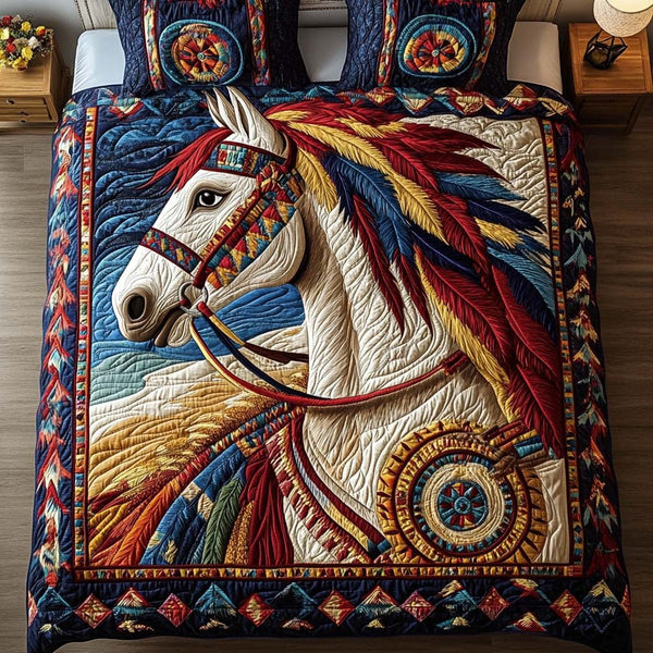 Brave Spirit quilted 3-piece bedding set on a made bed with two matching pillow shams