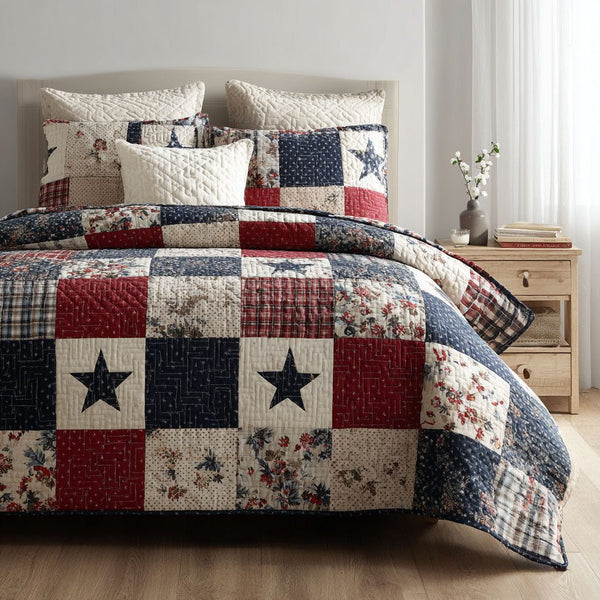Brave Star quilted 3-piece bedding set on a made bed with two matching pillow shams