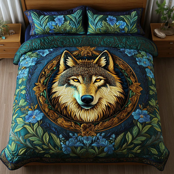 Brave Wolf quilted 3-piece bedding set on a made bed with two matching pillow shams