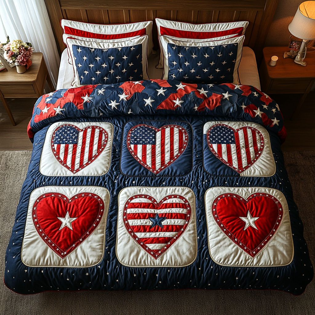 Braveheart Stars quilted 3-piece bedding set on a made bed with two matching pillow shams