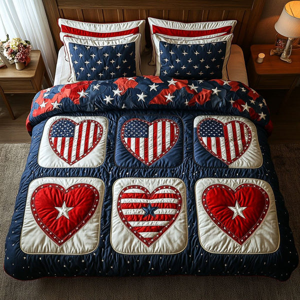 Braveheart Stars quilted 3-piece bedding set on a made bed with two matching pillow shams