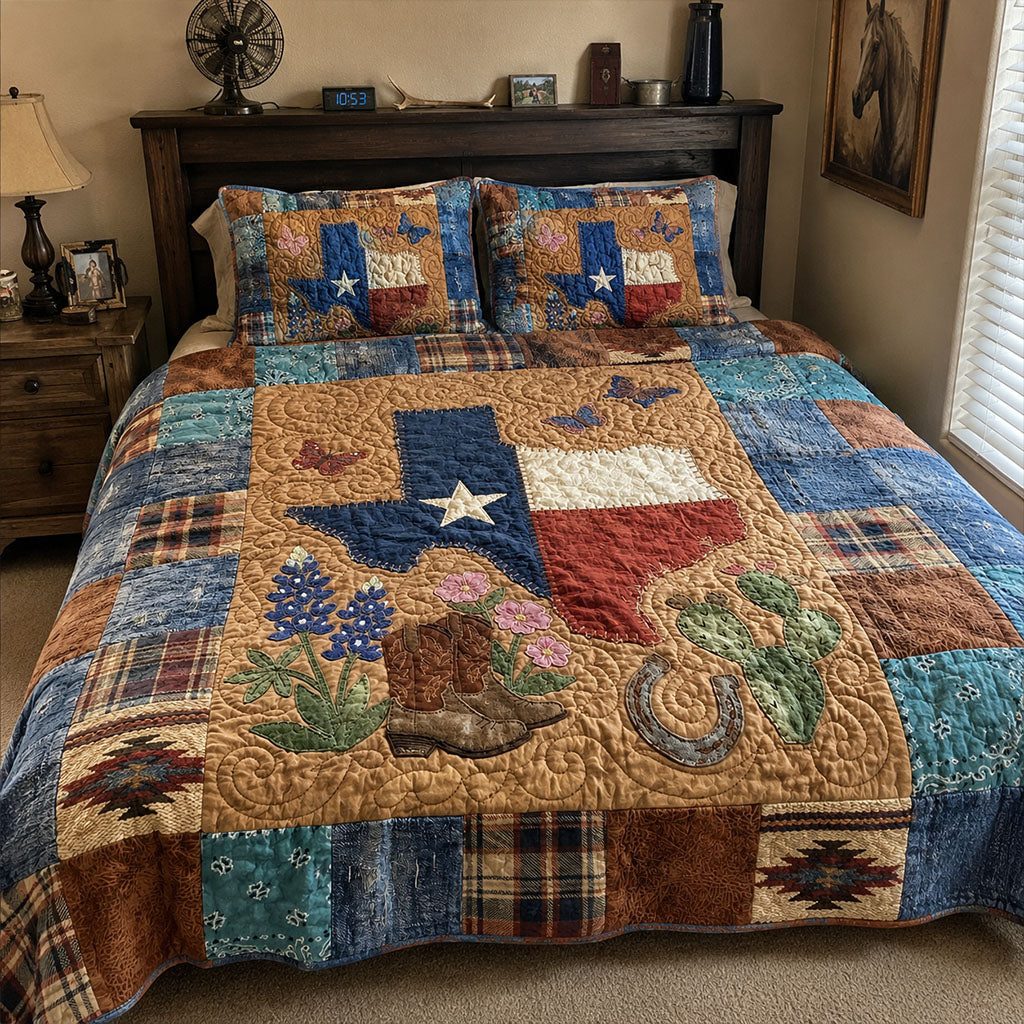 Brazos Valley Heritage quilted 3-piece bedding set on a made bed in a farmhouse bedroom