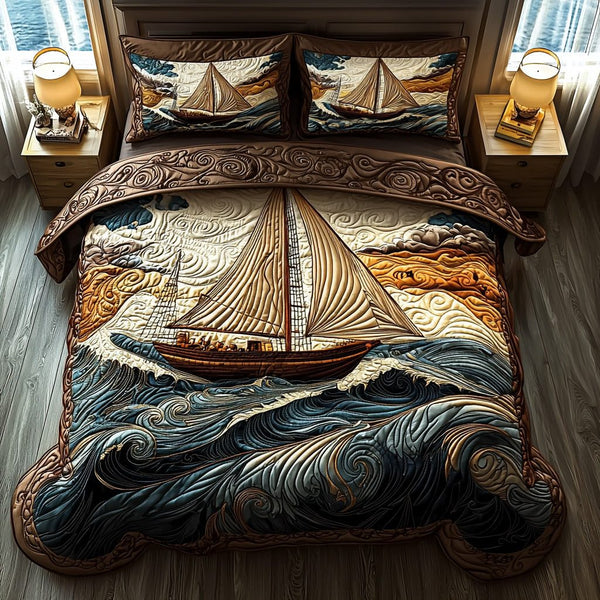 Breeze Bound quilted 3-piece bedding set on a made bed with two matching pillow shams