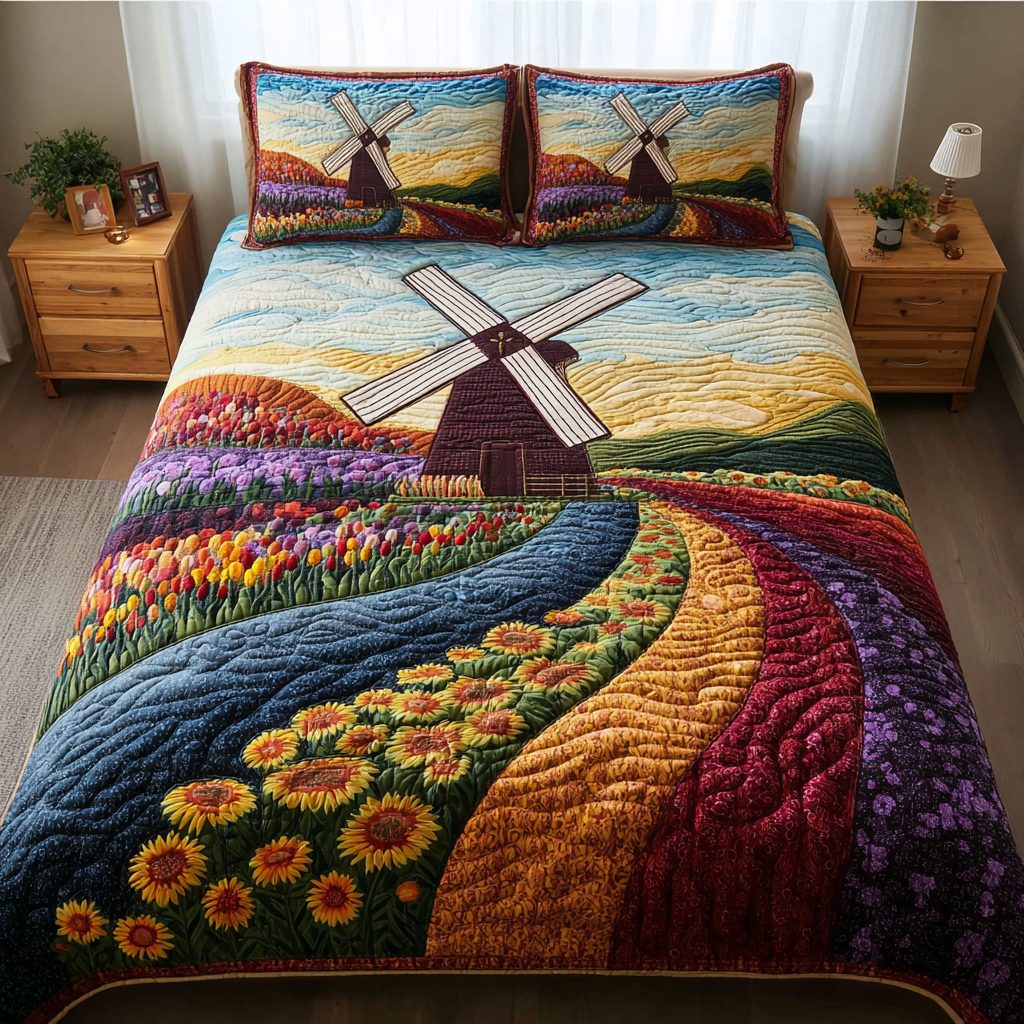 Breeze Field quilted 3-piece bedding set on a made bed with two matching pillow shams