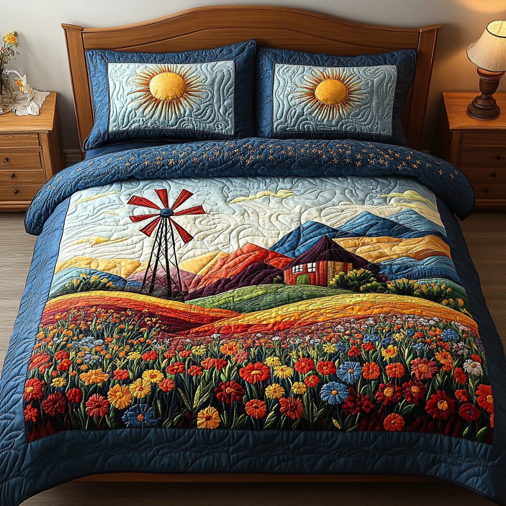 Breezy Meadows quilted 3-piece bedding set on a made bed with two matching pillow shams