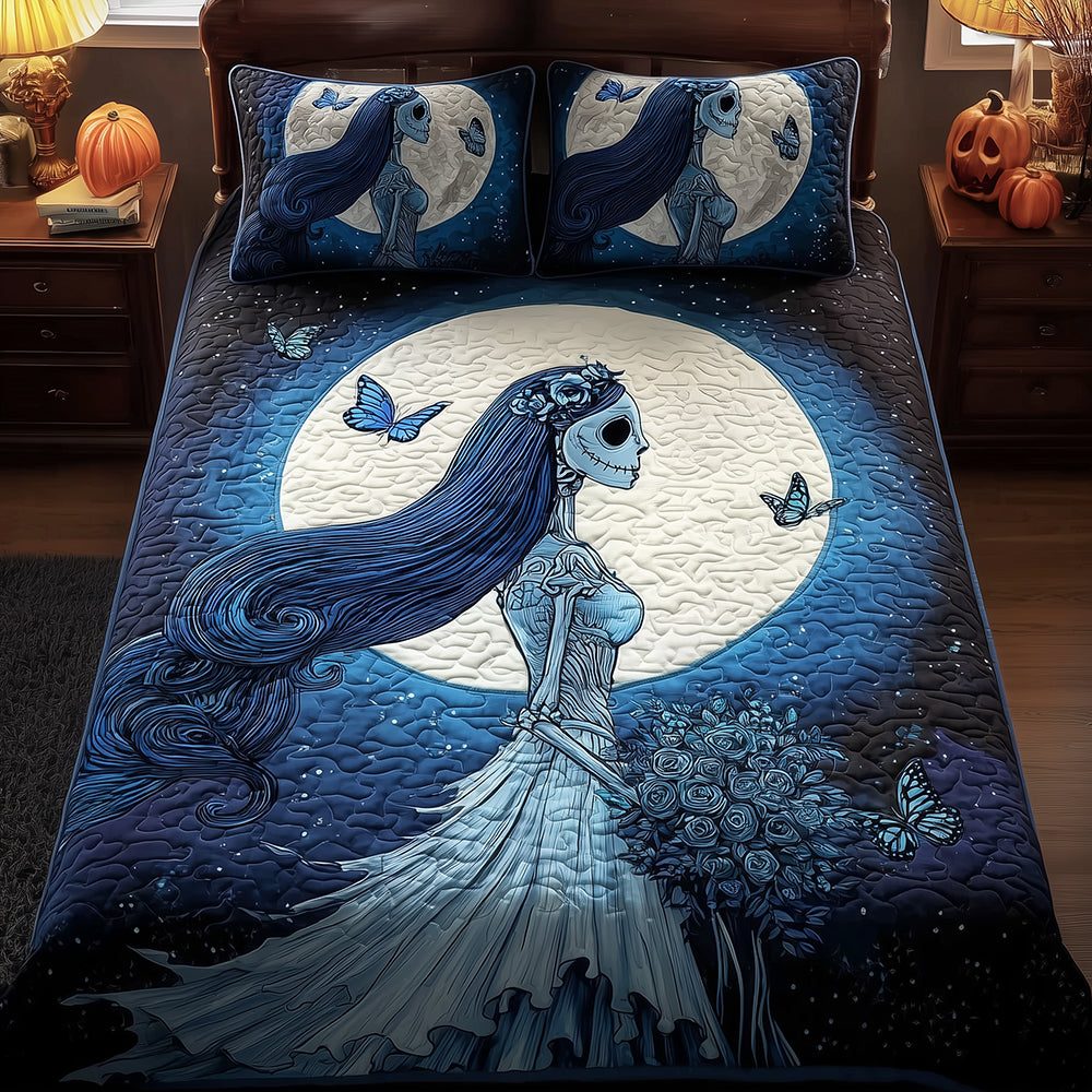 Bride Midnight quilted 3-piece bedding set on a made bed with two matching pillow shams