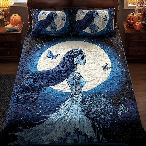 Bride Midnight quilted 3-piece bedding set on a made bed with two matching pillow shams