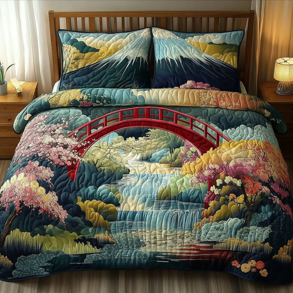 Bridge of Serenity quilted 3-piece bedding set on a made bed with two matching pillow shams