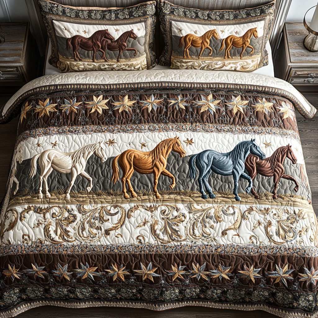 Bridle Beauty quilted 3-piece bedding set on a made bed with two matching pillow shams