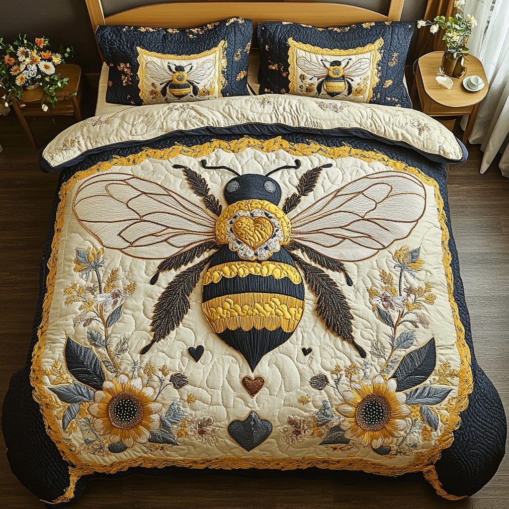 Bright Bee quilted 3-piece bedding set on a made bed with two matching pillow shams