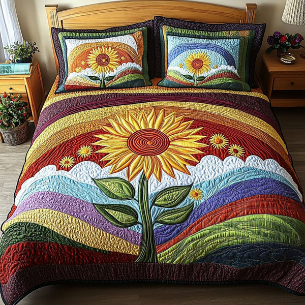Bright Bloom Haven quilted 3-piece bedding set on a made bed with two matching pillow shams