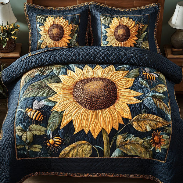 Bright Blossom quilted 3-piece bedding set on a made bed with two matching pillow shams