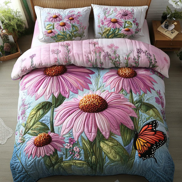 Bright Blossom quilted 3-piece bedding set on a made bed with two matching pillow shams
