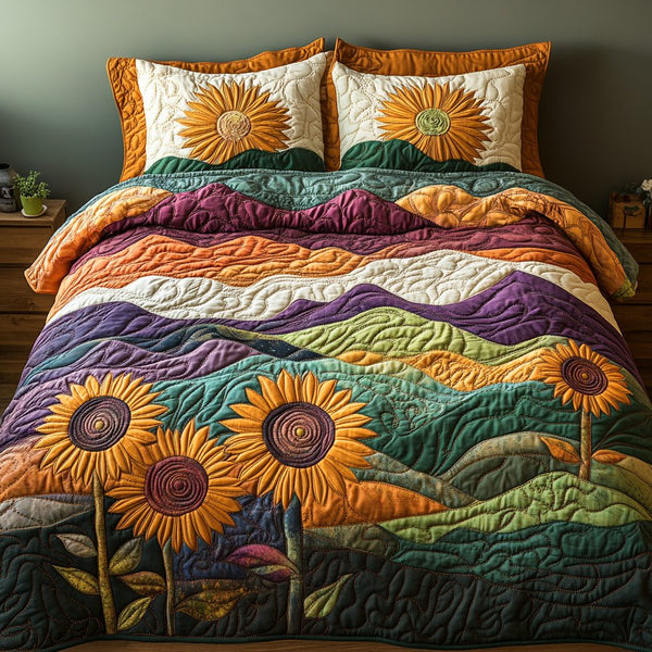 Bright Blossoms quilted 3-piece bedding set on a made bed with two matching pillow shams