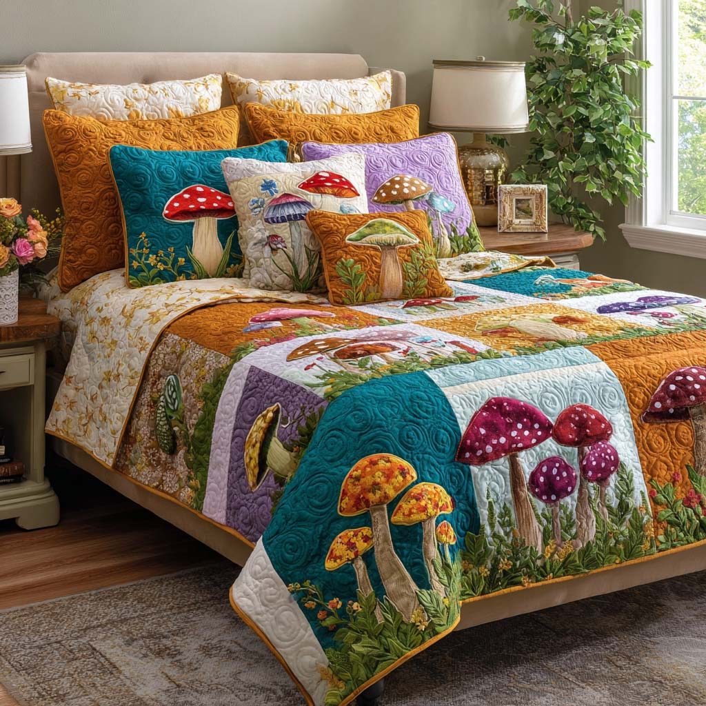 Bright Blossoms quilted 3-piece bedding set on a made bed with two matching pillow shams