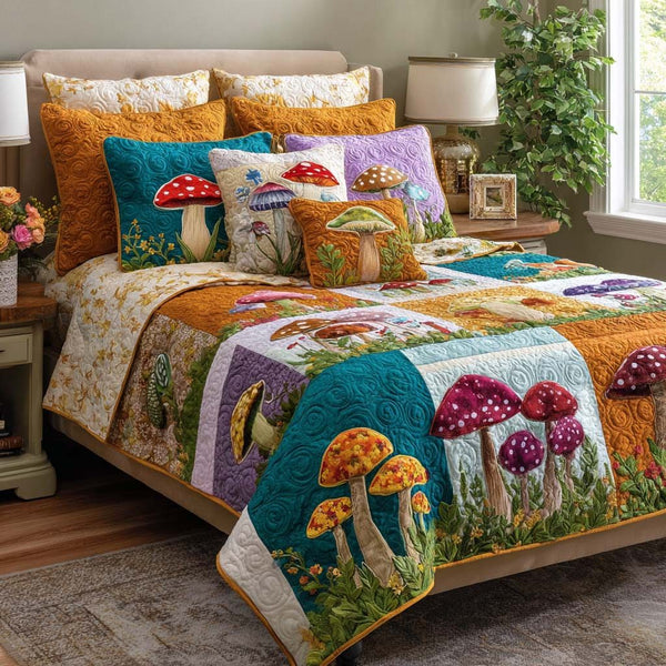 Bright Blossoms quilted 3-piece bedding set on a made bed with two matching pillow shams