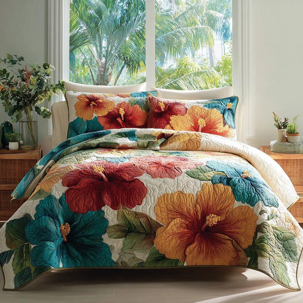 Bright Botanicals quilted 3-piece bedding set on a made bed with two matching pillow shams