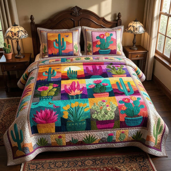 Bright Cactus quilted 3-piece bedding set on a made bed with two matching pillow shams