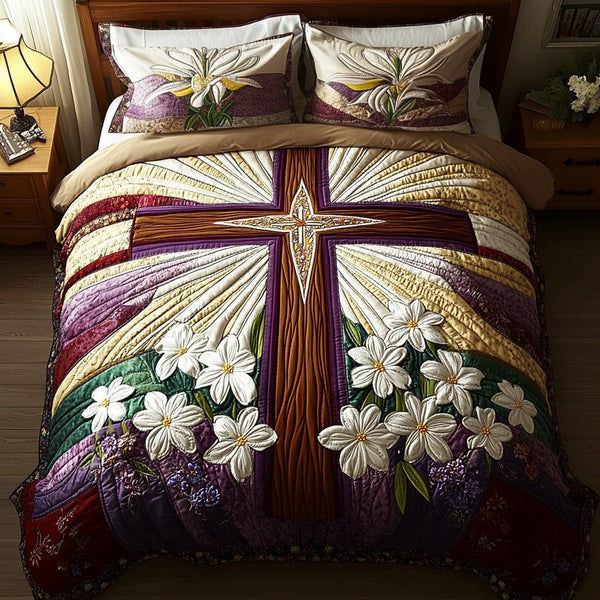 Bright Cross quilted 3-piece bedding set on a made bed in a softly lit bedroom