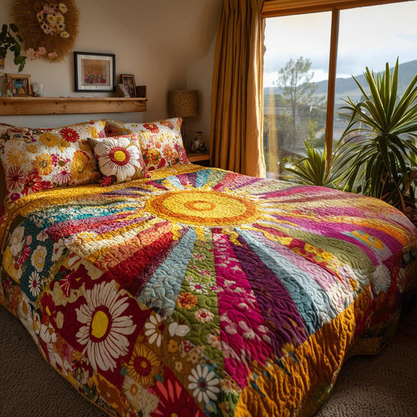 Bright Day quilted 3-piece bedding set on a made bed with two matching pillow shams