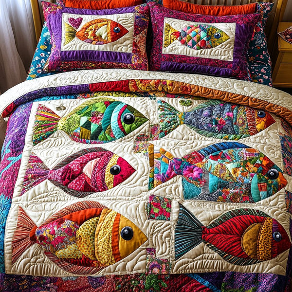 Bright Fish Tales quilted 3-piece bedding set on a made bed with two matching pillow shams