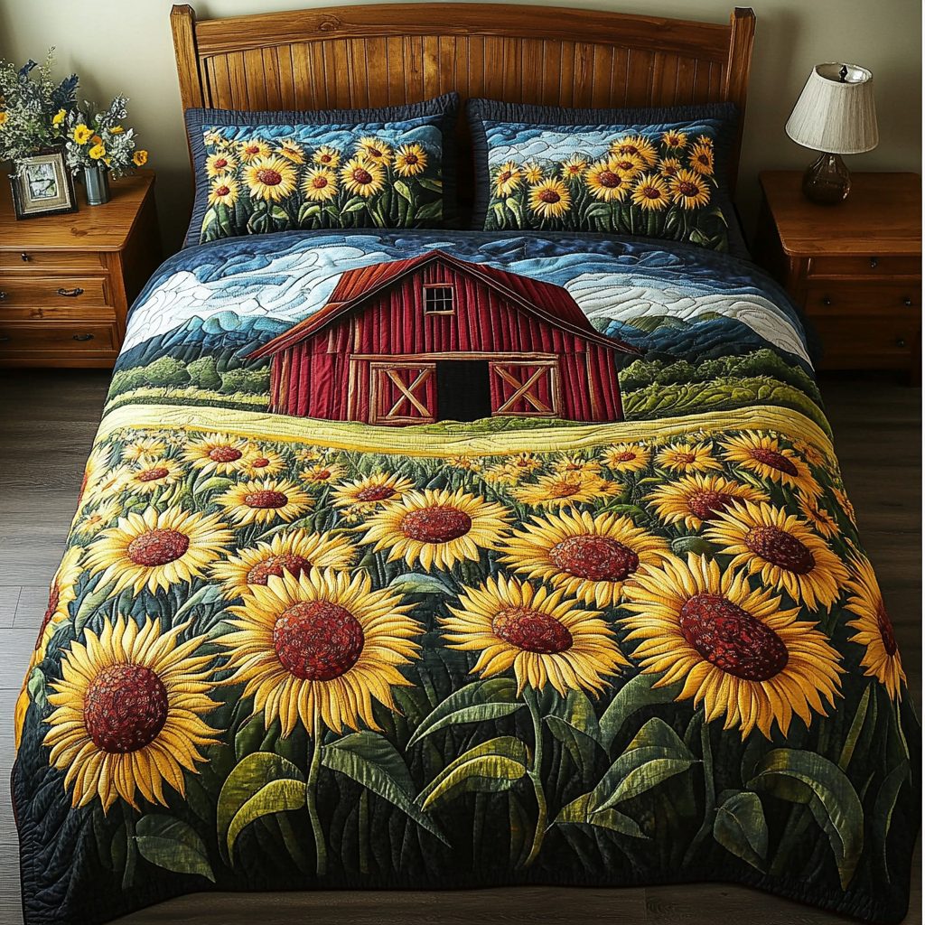 Bright Garden quilted 3-piece bedding set on a made bed with two matching pillow shams