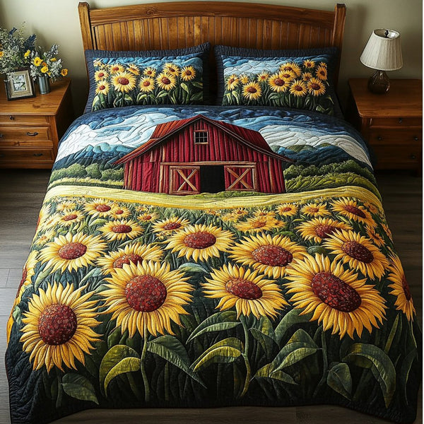 Bright Garden quilted 3-piece bedding set on a made bed with two matching pillow shams