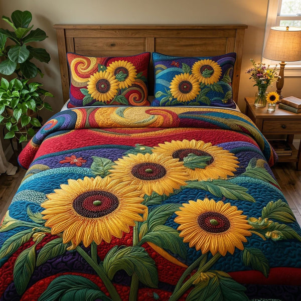 Bright Harvest Bloom quilted 3-piece bedding set on a made bed with two matching pillow shams
