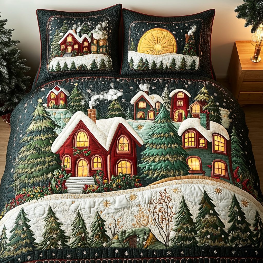 Bright Homes quilted 3-piece bedding set on a made bed with two matching pillow shams
