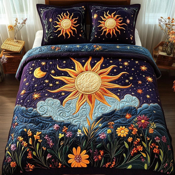 Bright Horizon quilted 3-piece bedding set on a made bed with two matching pillow shams