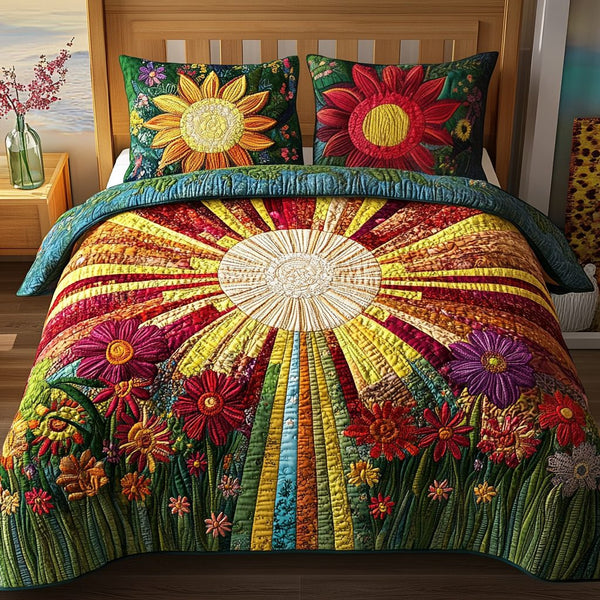 Bright Horizon quilted 3-piece bedding set on a made bed with two matching pillow shams