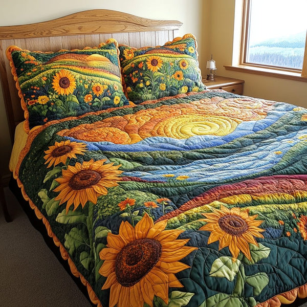 Bright Horizon quilted 3-piece bedding set on a made bed with two matching pillow shams