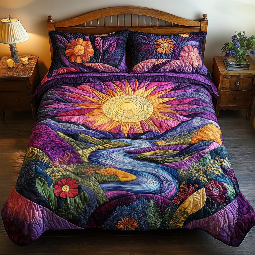 Bright Horizons quilted 3-piece bedding set on a made bed with two matching pillow shams
