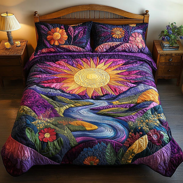 Bright Horizons quilted 3-piece bedding set on a made bed with two matching pillow shams