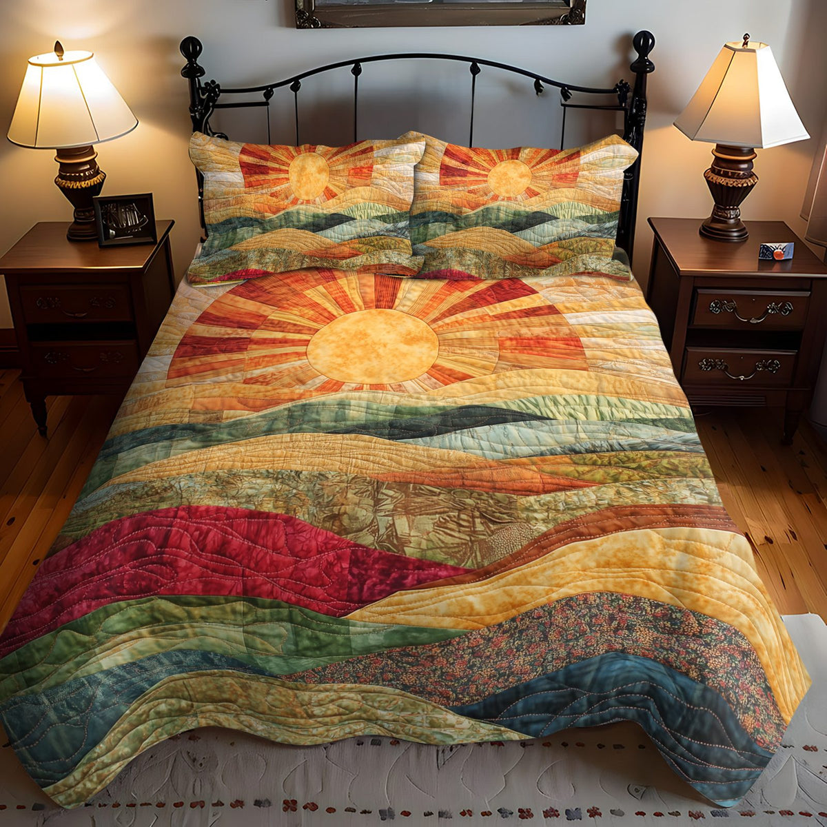 Bright Horizons quilted 3-piece bedding set on a made bed with two matching pillow shams