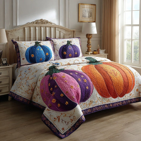 Bright Pumpkins quilted 3-piece bedding set on a made bed against a dark styled interior