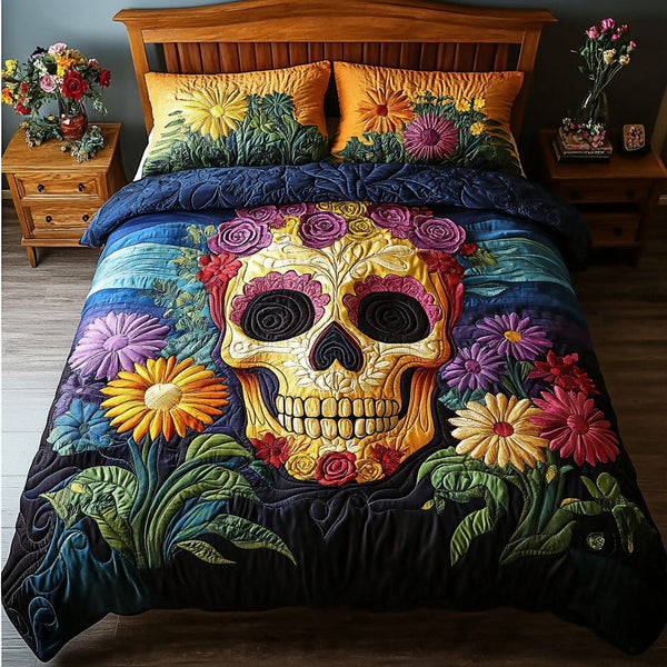 Bright Skulls quilted 3-piece bedding set on a made bed against a dark styled interior
