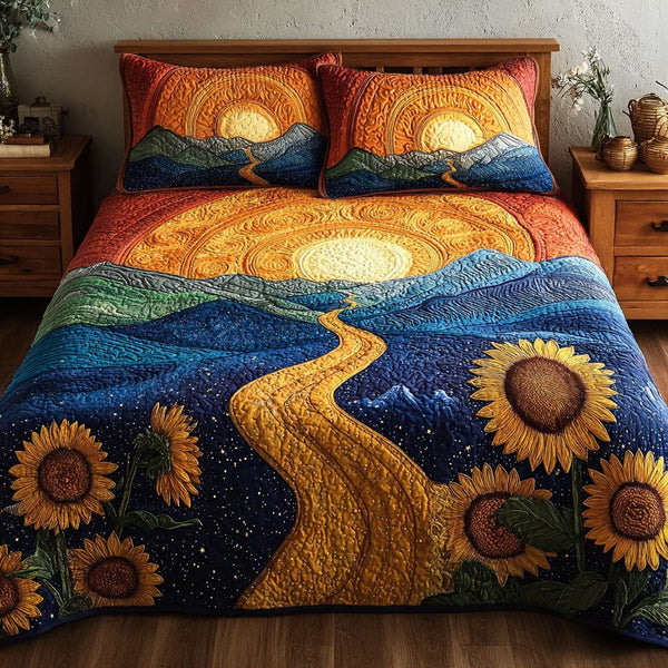 Bright Sunflower quilted 3-piece bedding set on a made bed with two matching pillow shams