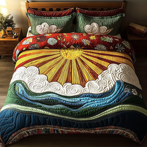 Bright Sunrise quilted 3-piece bedding set on a made bed with two matching pillow shams