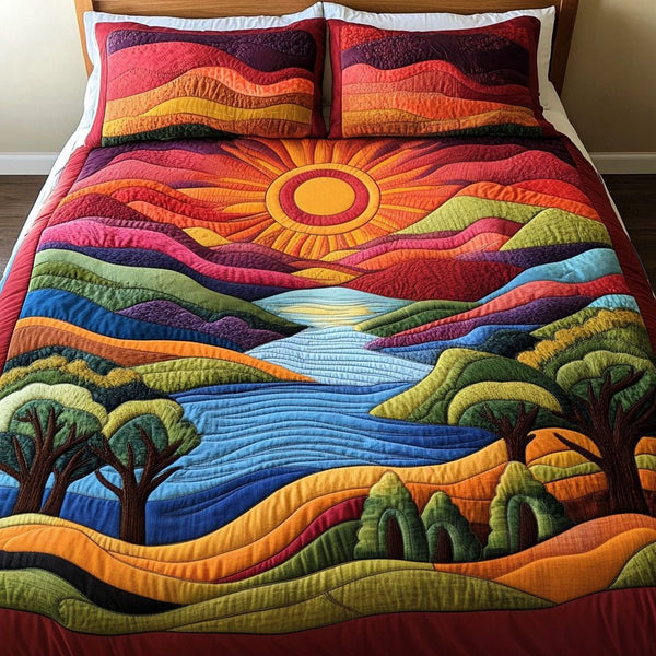 Bright Valley Bliss quilted 3-piece bedding set on a made bed with two matching pillow shams