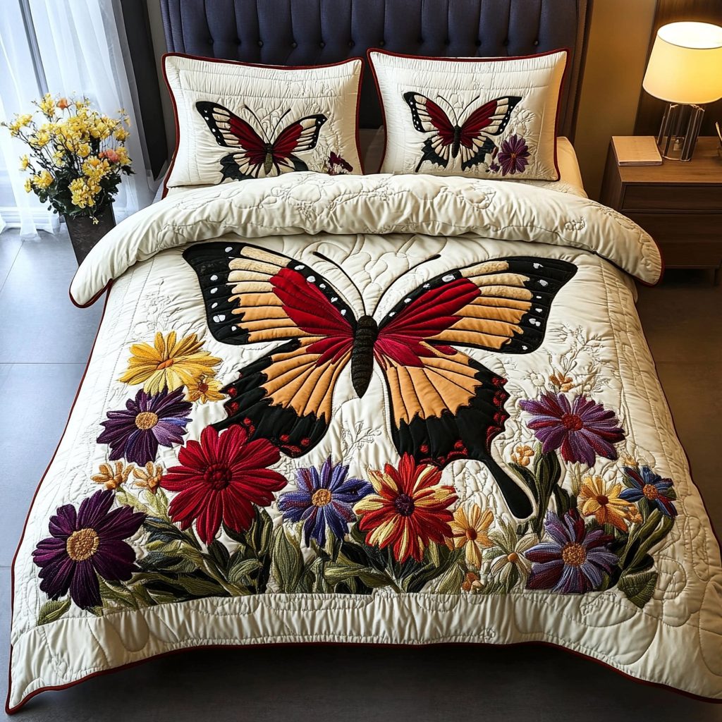 Bright Wings quilted 3-piece bedding set on a made bed with two matching pillow shams