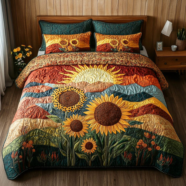 Brightest Sunflowers quilted 3-piece bedding set on a made bed with two matching pillow shams