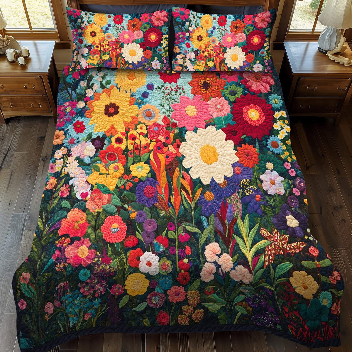 Brilliant Flowers quilted 3-piece bedding set on a made bed with two matching pillow shams