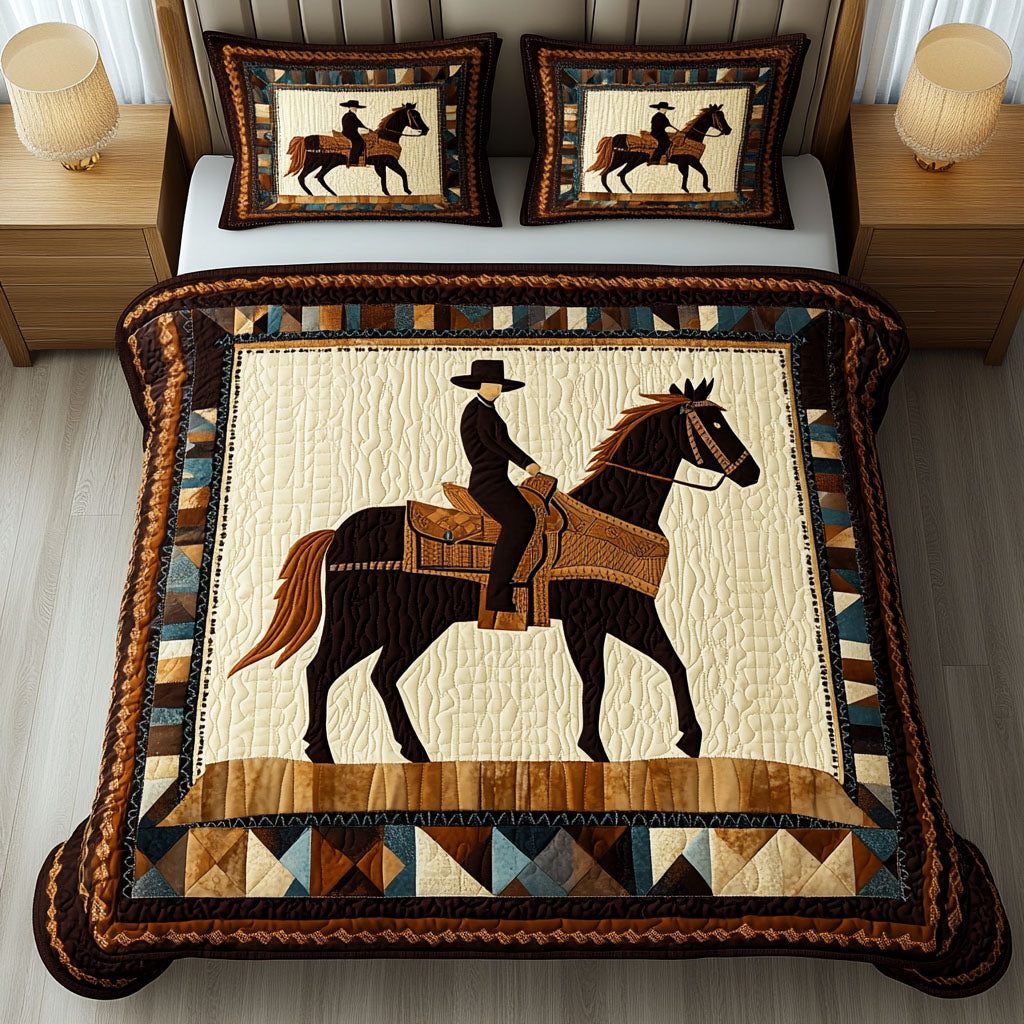 Bronco Heart quilted 3-piece bedding set on a made bed in a rustic timber bedroom