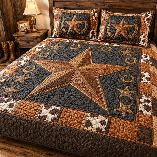 Bronco Star quilted 3-piece bedding set on a made bed in a rustic timber bedroom