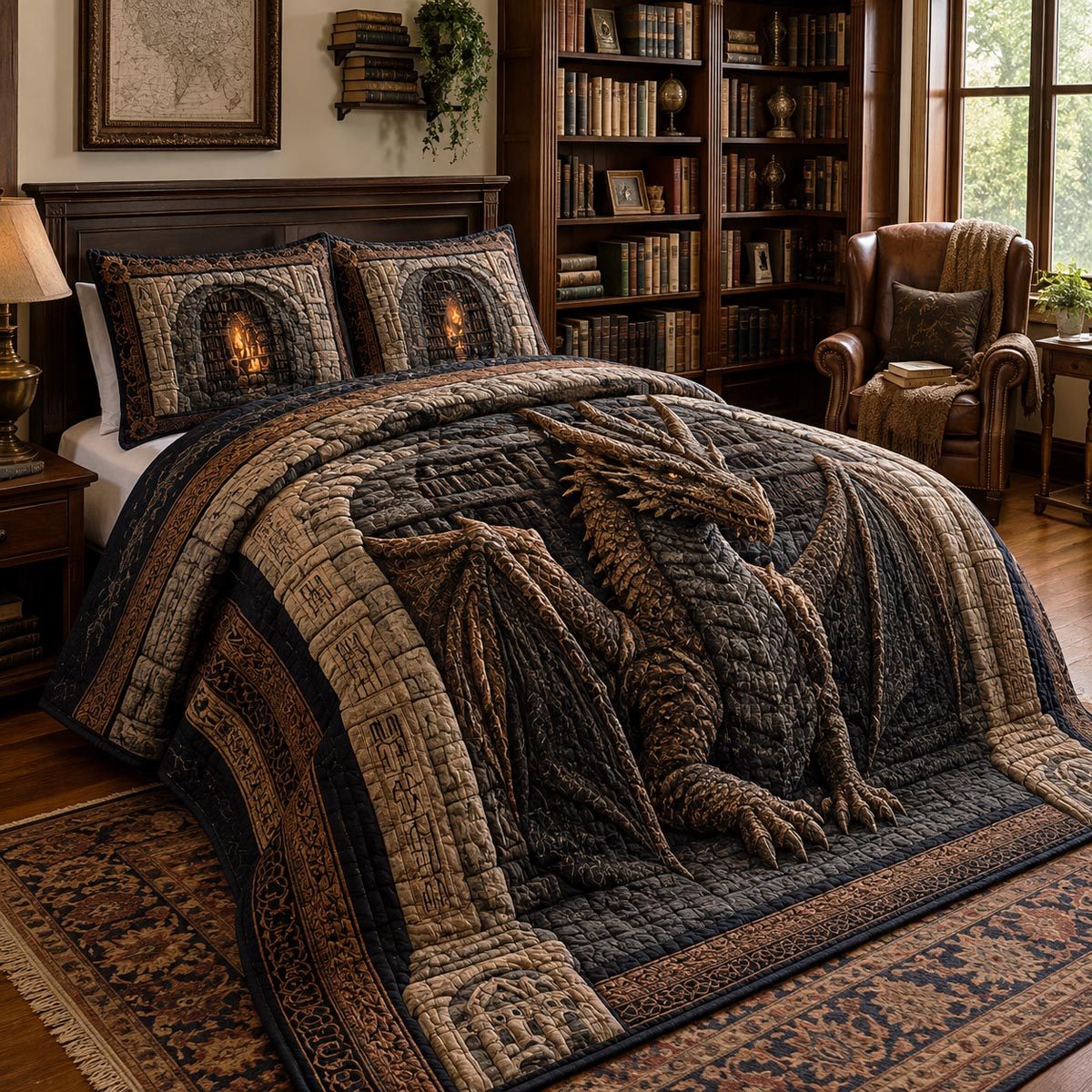 Bronze Bookkeeper quilted 3-piece bedding set on a made bed with two matching pillow shams