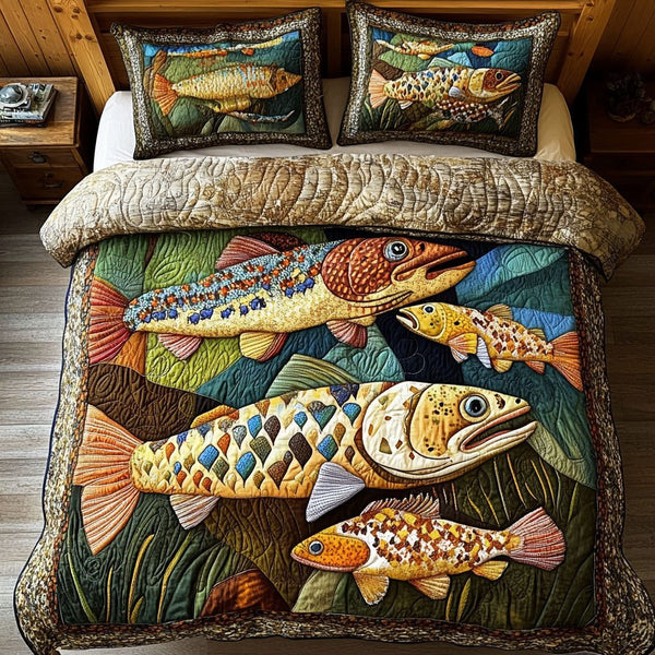 Brookside Bliss quilted 3-piece bedding set on a made bed with two matching pillow shams